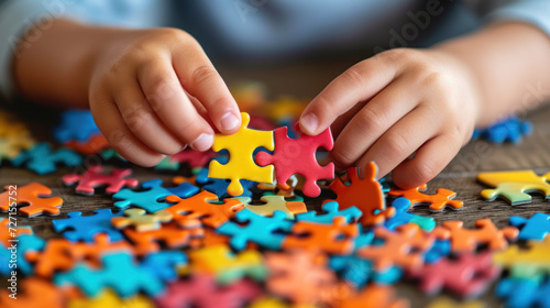 Child s Hands Connecting Colorful Puzzle Pieces on Table.