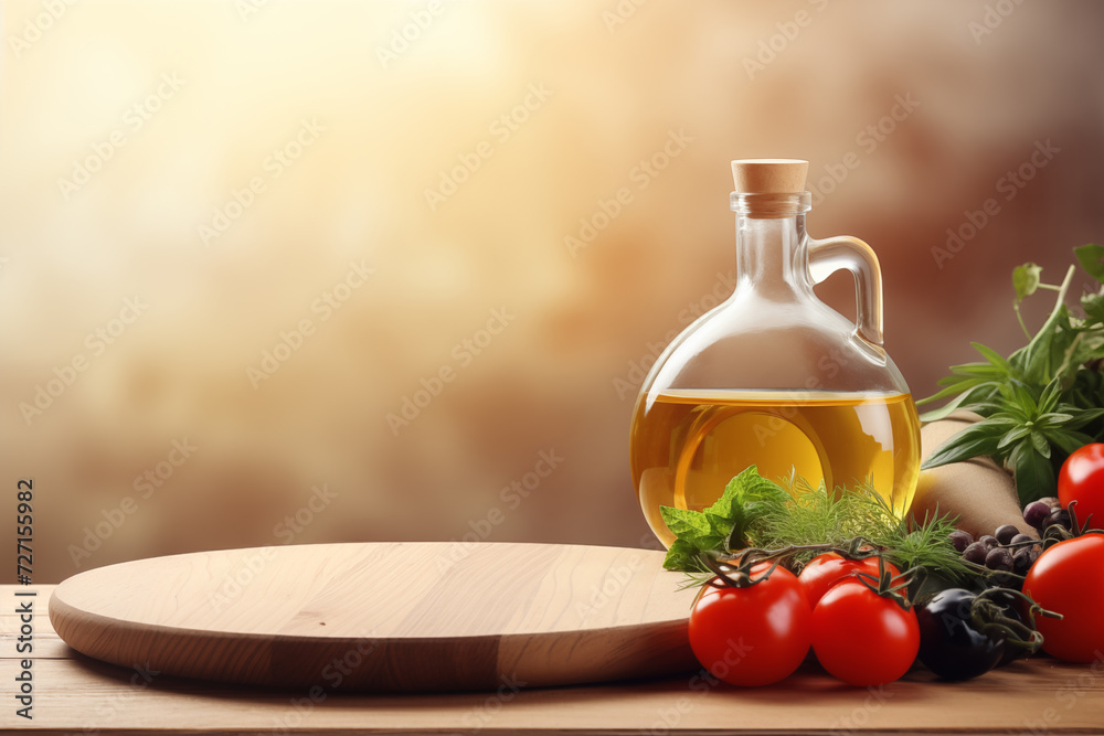 Culinary background. Cutting board, olive oil and vegetables. Culinary background. Cutting board, olive oil and vegetables.