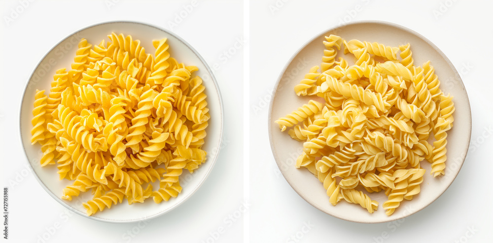 Spiral pasta arranged artfully in a plate, capturing the intricate patterns on a bright white background Spiral pasta arranged artfully in a plate, capturing the intricate patterns on a bright white background