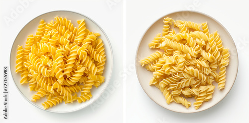 Spiral pasta arranged artfully in a plate, capturing the intricate patterns on a bright white background