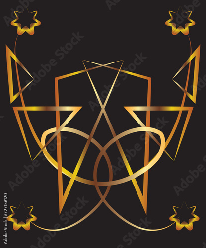 Fantasy ornament with flowers, triangles, curls. Symmetrical ornament. Gold gradient on a black background for printing on fabric, applique and cards.