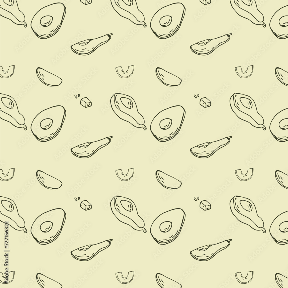 Hand drawn sketch avocado outline of half, slised with seed, leaves on yellow background. Vector illustration can used for wrapping paper, banner and cover design. Hand drawn sketch avocado outline of half, slised with seed, leaves on yellow background. Vector illustration can used for wrapping paper, banner and cover design.