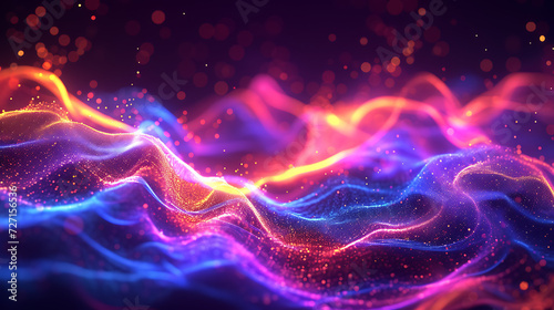 Abstract neon background with swirling patterns and glowing particles, evoking a sense of movement and energy.