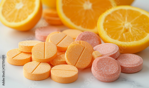 Vitamin C tablets extracted from citrus fruits on white background.