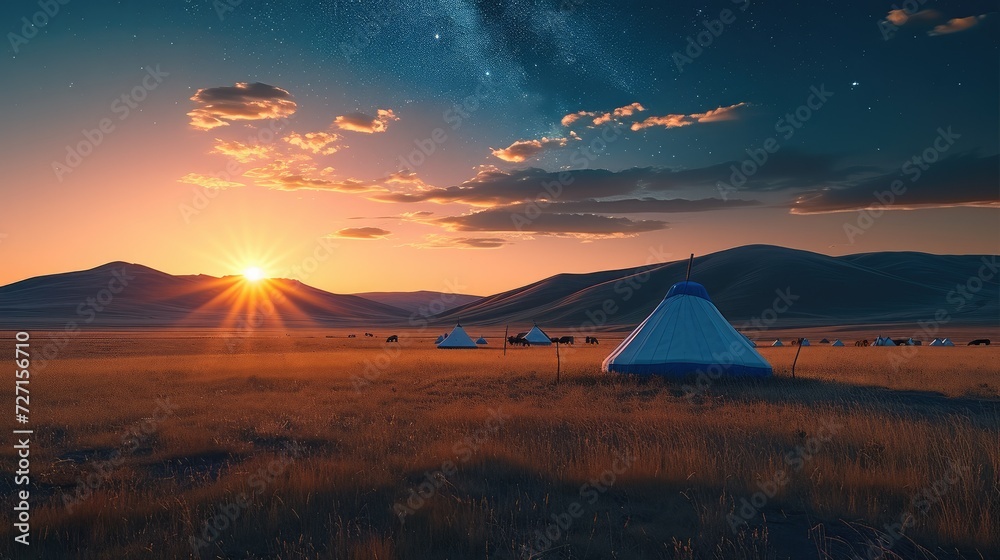 The grassland Mongolian tribe at sunrise, the starry sky is bright. Generative AI.