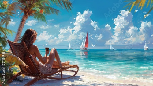 Realistic depiction of a girl on a tropical island, relaxing on a beach chair, enjoying cocoa while gazing at the horizon dotted with sailboats Generative AI