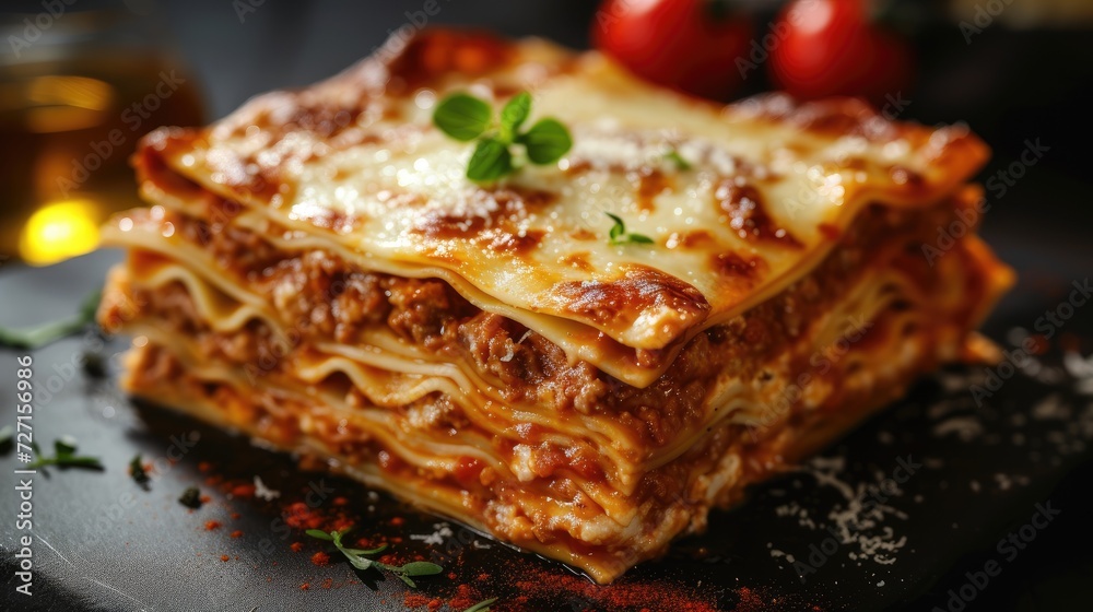 view photography of a juicy lasagna on a rustic plate against a natural brick background view photography of a juicy lasagna on a rustic plate against a natural brick background