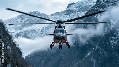 Color Helicopter flying over the Rocky Mountains during sunny sunrise. Epic Adventure Composite