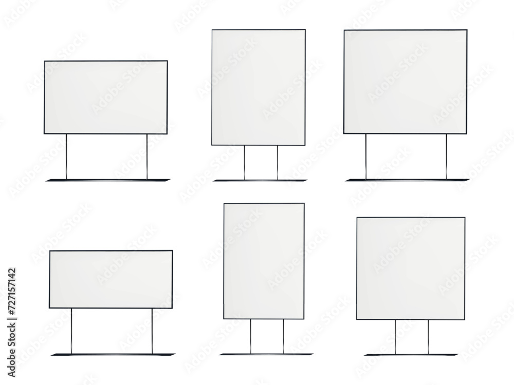 Floor graphic poster display frame. Mock-up set. Blank white sign stand with black metal base vector mockup kit. Template for design Floor graphic poster display frame. Mock-up set. Blank white sign stand with black metal base vector mockup kit. Template for design