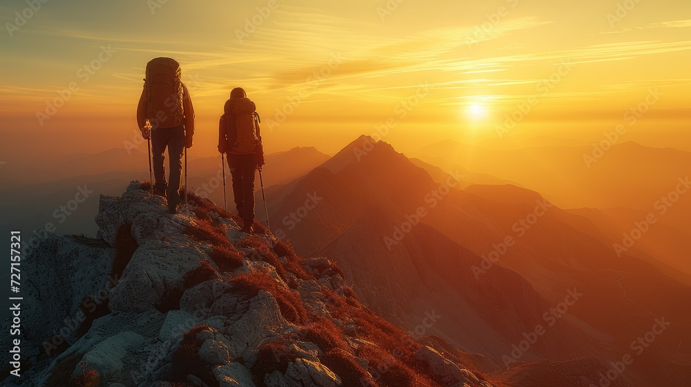 People hiking on mountain in sunset. Generative AI.