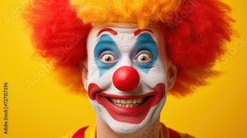 Joyful Clown with Colorful Makeup and Wig on Yellow Background.