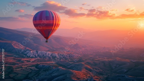 Scenic Turkish mountains at sunset with a hot air balloon gliding through the colorful sky, accentuating the natural beauty of the landscape in the fading light, Generative AI