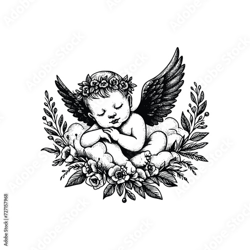 hand drawn baby angel vector illustration. black and white cupid angel isolated white background