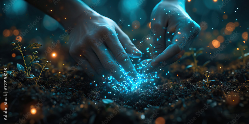 Earth Connection: Hands Touching Soil, Signifying a Connection to the Earth and Grounding - obrazy, fototapety, plakaty 