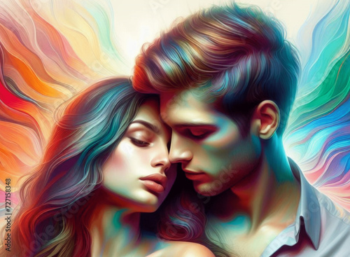 Abstract image of a couple in love  consisting of rainbow shades of paints