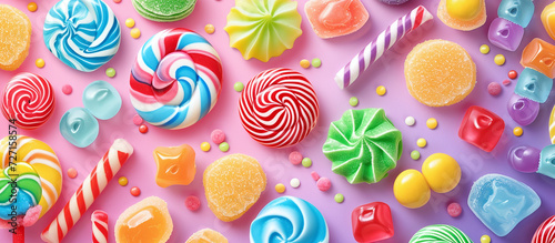 illustration of different bright colored sweets, candies, lollipops, marmalade. pastry background photo