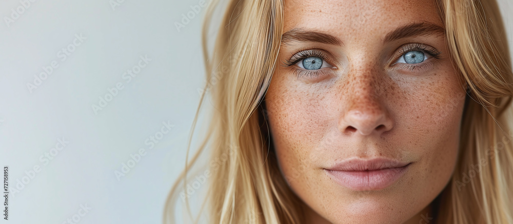 pretty middle-aged Norwegian woman with straight blond hair, blue eyes and lots of freckles on her face - obrazy, fototapety, plakaty 