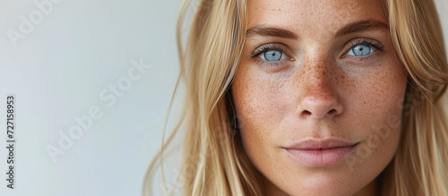 pretty middle-aged Norwegian woman with straight blond hair, blue eyes and lots of freckles on her face photo