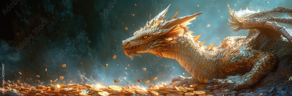A cyber dragon hoarding a treasure of Bitcoin and Ethereum coins