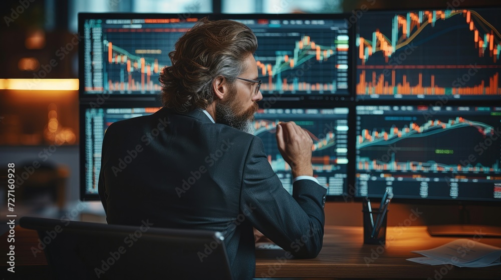 Financial Analyst, A Stock Market Trader Doing Analysis of Investment Charts, Graphs, Digital Entrepreneur Successfully Trading. Generative AI. Financial Analyst, A Stock Market Trader Doing Analysis of Investment Charts, Graphs, Digital Entrepreneur Successfully Trading. Generative AI.