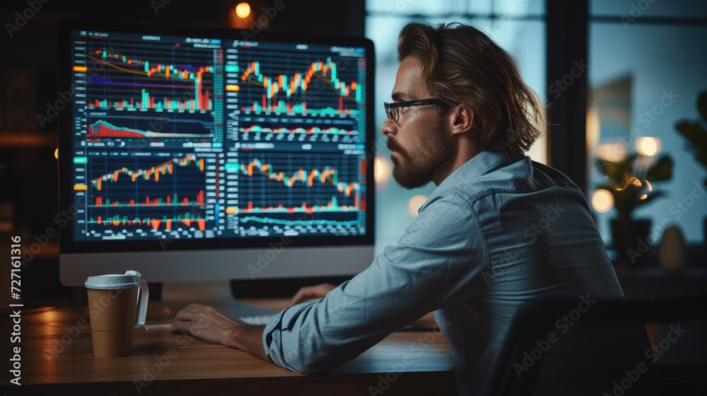 Financial Analyst, A Stock Market Trader Doing Analysis of Investment Charts, Graphs, Digital Entrepreneur Successfully Trading. Generative AI.