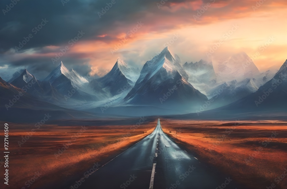 amazing mountains with lonely road painting illustration background