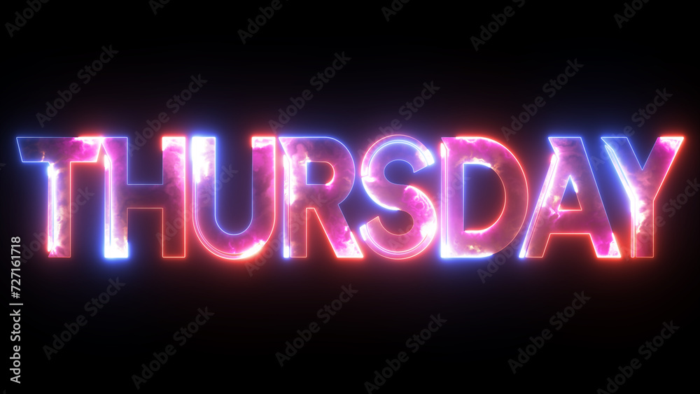 Glowing colorful light neon text day of Thursday. Abstract glowing Thursday text neon light effect background animation. 3d illustration rendering