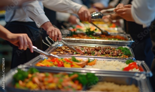 People hands on catering buffet food with grilled food.