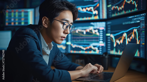 Young Asian trader in eyeglasses working with laptop while sitting in his modern office in front of computer screens with trading chart. Generative AI.
