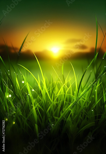 Spring Green Grass Background With Sunset Views. Generative AI.