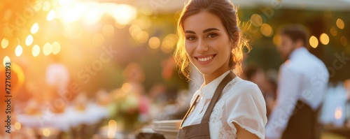 Waitress female catering a fresh delicious food  and serving on wedding photo