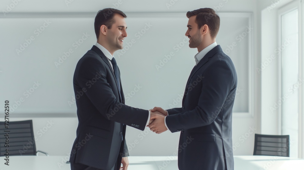 Portrait of cheerful young manager handshake with new employee. Portrait of cheerful young manager handshake with new employee.