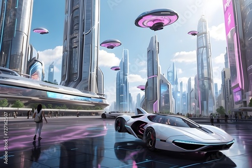 view of the future city, scientific city, a city with flying cars photo