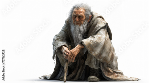 A stunning 3D rendering of a wise old sage, emanating wisdom and knowledge, standing tall against a pristine white background. The intricate details and captivating realism in this artwork m