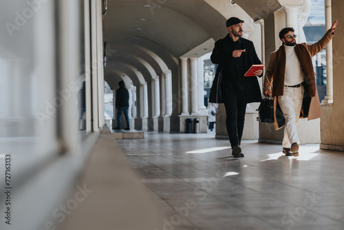 A pair of modern professionals engage in a business conversation with one pointing out directions as they walk through an elegant colonnade.