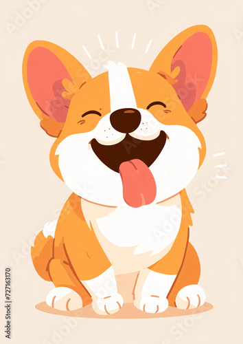 Illustration of a happy corgi dog on solid color background, dog happy expression scene illustration