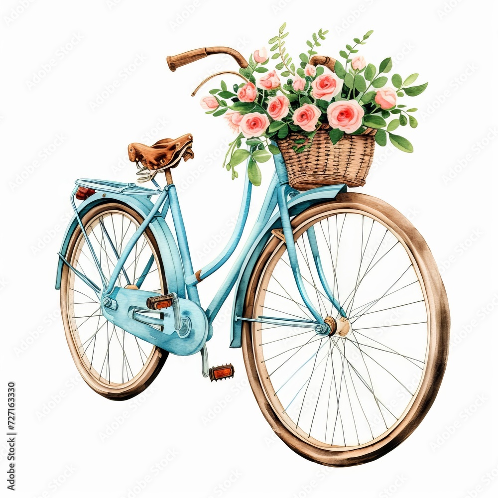 Watercolor romantic blue bike with flowers basket in pastel colors Clipart isolated on white Background