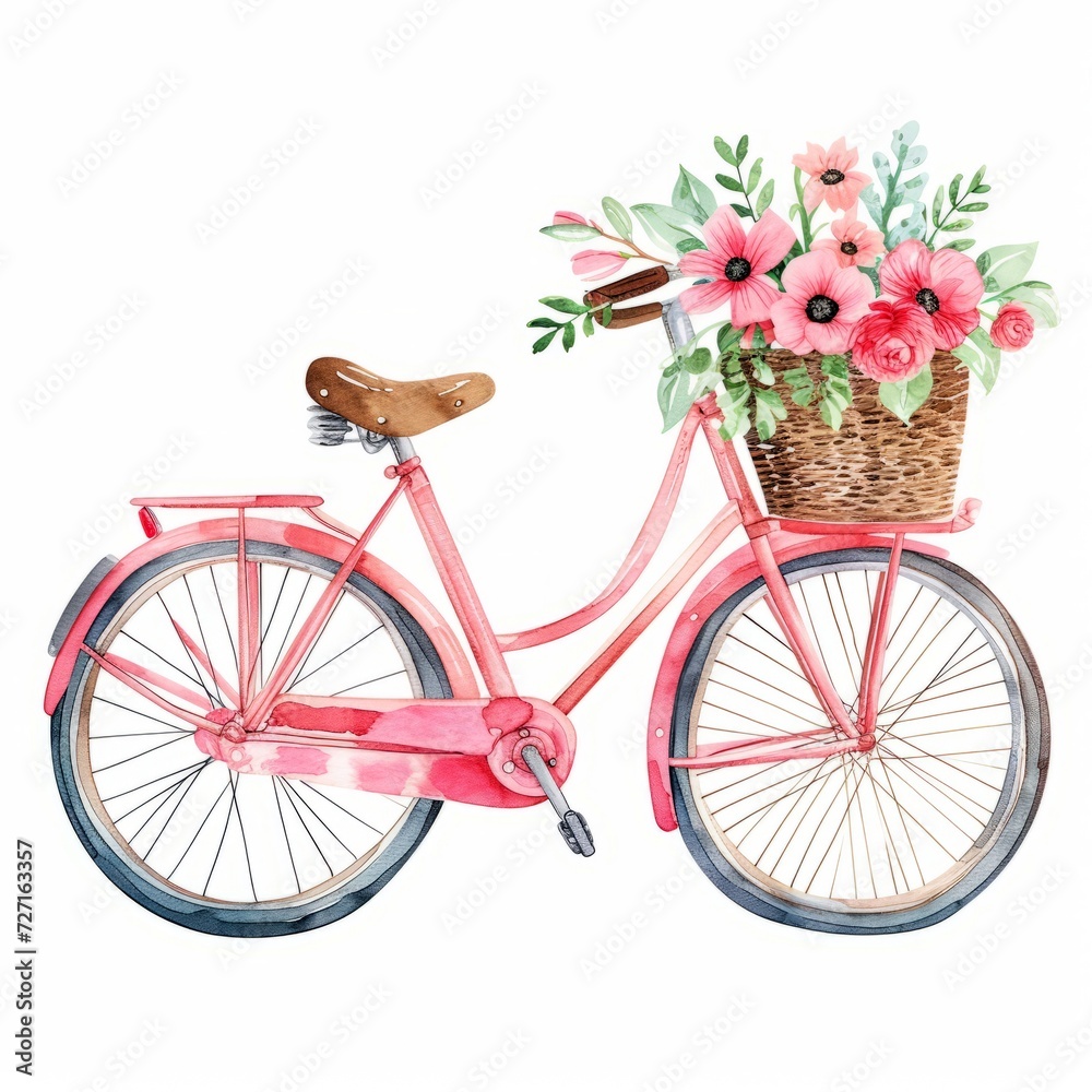 watercolor romantic pink Bicycle with a basket of flowers Clipart isolated on white Background
