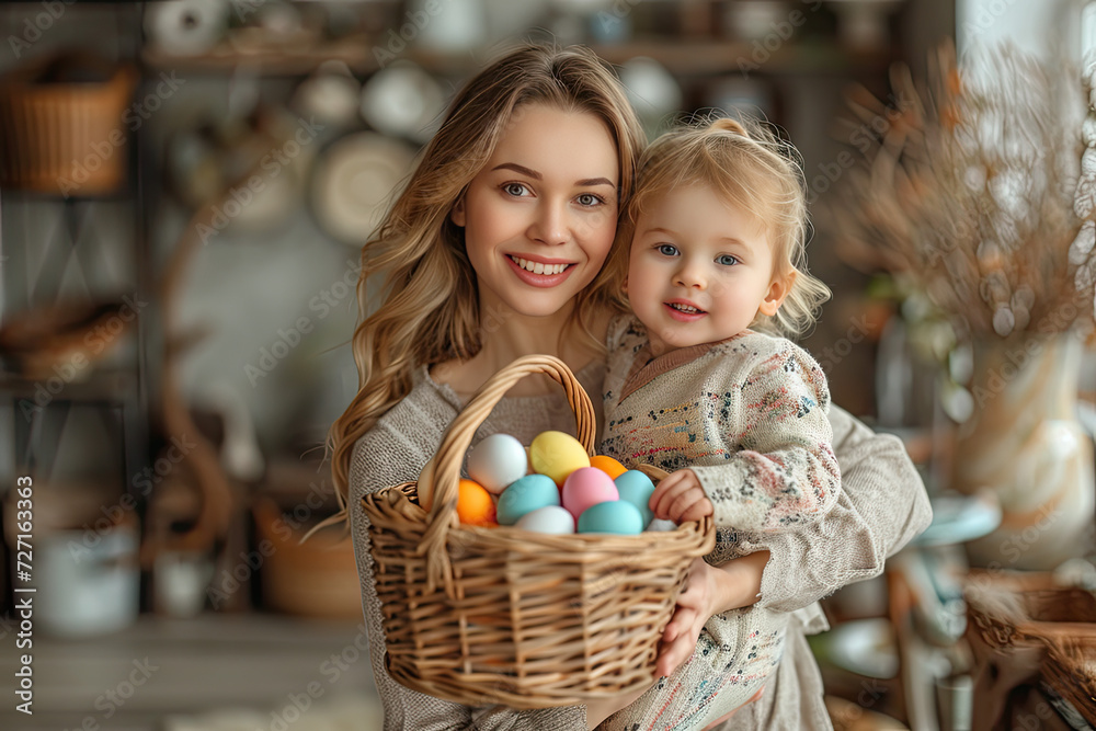 Fototapeta premium Family preparing for easter. Whole family gathering for easter holidays to celebrate. Painting easter eggs and decorating the home.