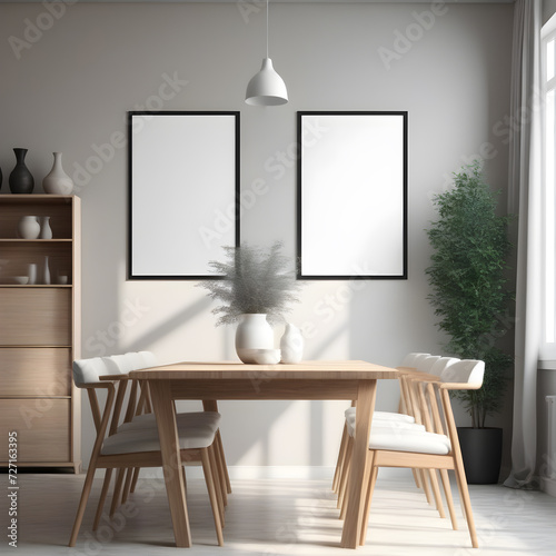 Interior in pastel colors in a modern style with a mockup frame. Room with frame mockup. Living room wall poster mockup. 