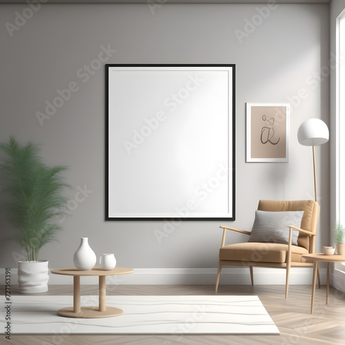 Interior in pastel colors in a modern style with a mockup frame. Room with frame mockup. Living room wall poster mockup. 