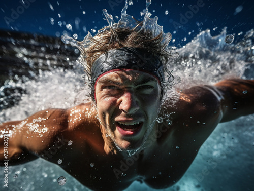 A swimmer gracefully performs freestyle stroke, creating a mesmerizing splash as their hand plunges into water. © Lotti