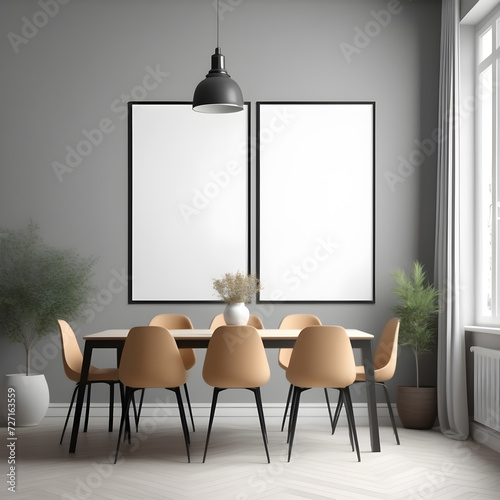 Interior in pastel colors in a modern style with a mockup frame. Room with frame mockup. Living room wall poster mockup. 