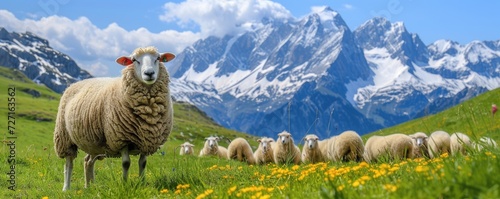 A herd of sheep grazes on green wild meadow