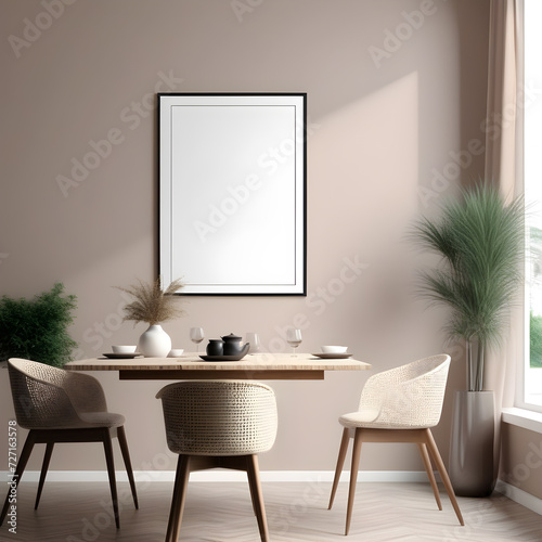 Interior in pastel colors in a modern style with a mockup frame. Room with frame mockup. Living room wall poster mockup. 