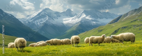 A herd of sheep grazes on green wild meadow