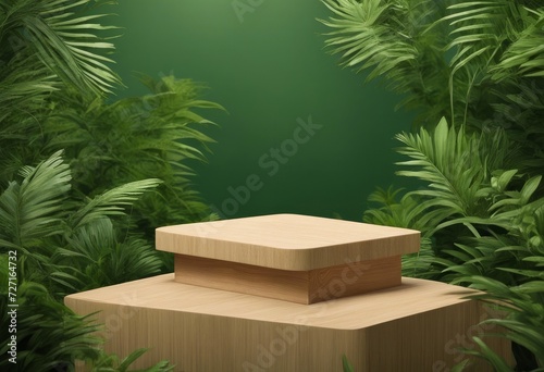 Wooden cube podium in tropical forest for product presentation and green background, Generative AI © Pixel Visions