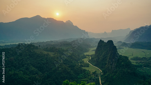 Fotografie Beautiful Forest landscape of Sunset panoramic view from Nam Xay viewpoint in Va
