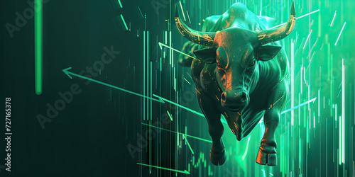 Bullish Trends: An Illustration Depicting a Bull Symbolizing a Rising Stock Market, with Green Arrows Pointing Upward