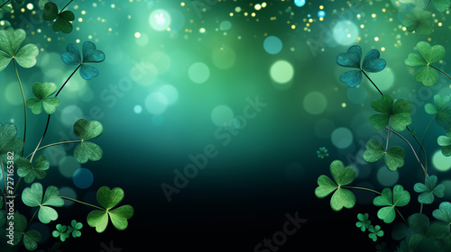 Green St Patricks day background with sparkling shamrocks and glitter 2